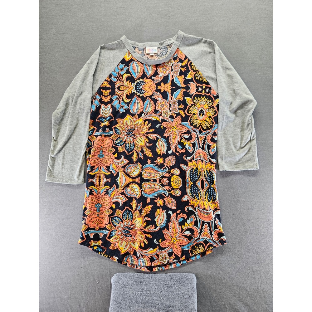 LuLaRoe Randy Baseball Tee, Floral Paisley Raglan Grey Orange Blue Top (sku 155)